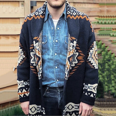 外贸跨境男装美式复古重工针织衫外套几何提花长袖翻领开衫毛衣潮