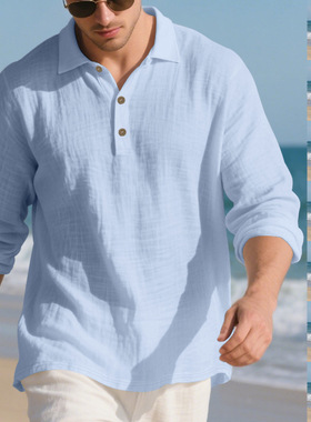 亚马逊秋季美式宽松亚麻翻领系扣休闲商务男士长袖POLO衫翻领衬衫