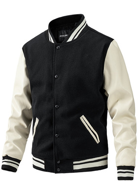 Casual Baseball Jackets 秋冬休闲棒球领拼色夹棉PU袖大码夹克男