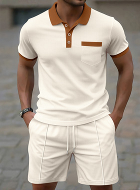亚马逊跨境夏季新款男士华夫格翻领拼色胸前口袋扣子短袖短裤套装