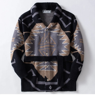 跨境殴美男装美式复古重工提花针织衫加厚保暖中长款开衫毛衣外套