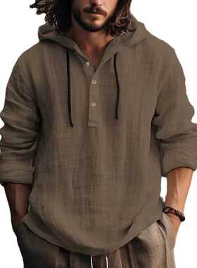 Men's shirts殴美大码男式棉麻衬衫连帽卫衣春秋长袖连帽休闲上衣