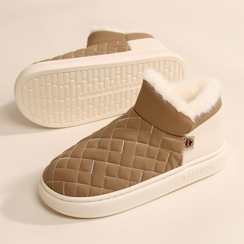 新款PU皮防水简约情侣家居棉拖鞋男女士居家厚底防滑保暖包跟棉鞋