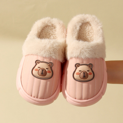新款防水可爱卡通儿童包跟棉拖鞋男孩女生毛绒保暖家居厚底棉鞋冬