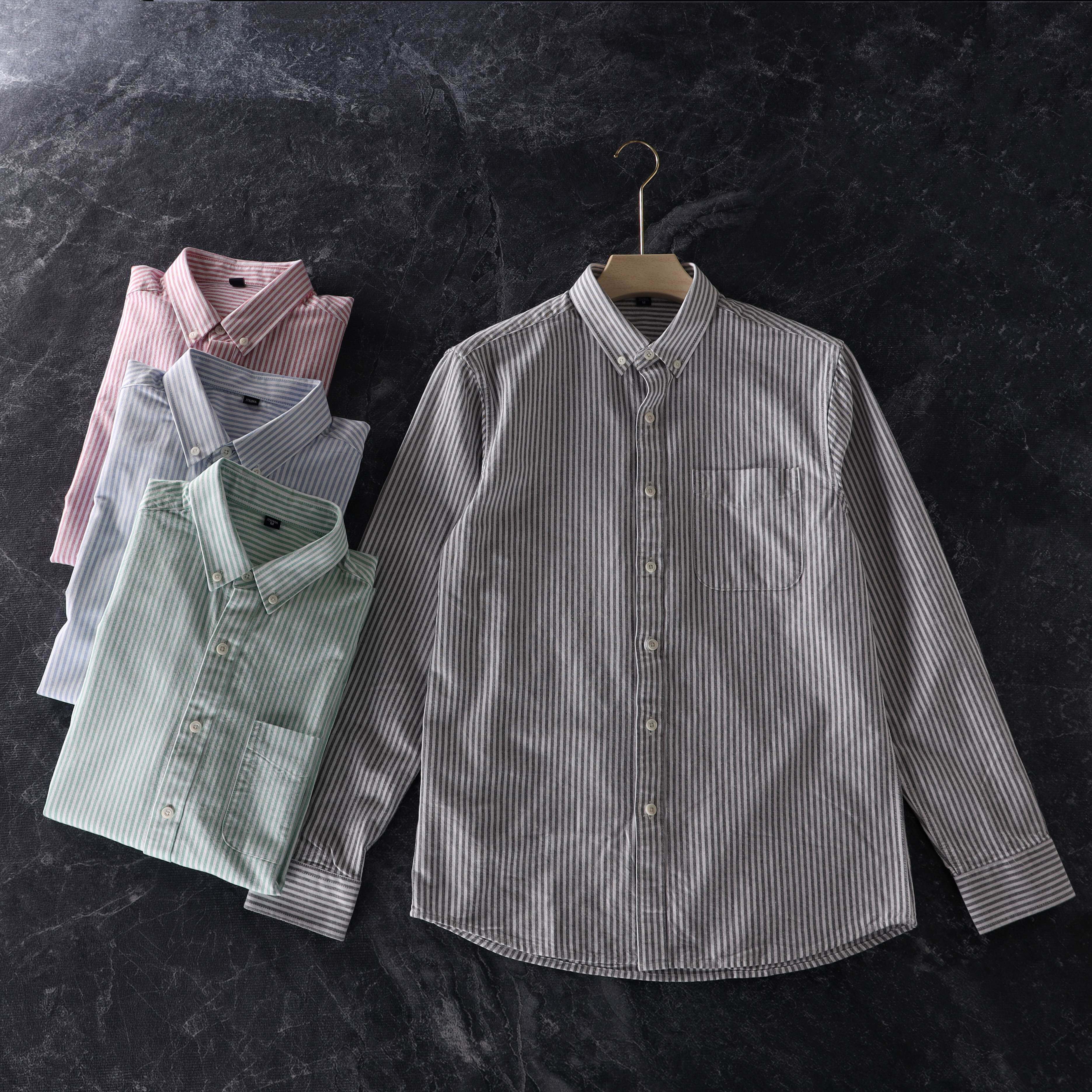 客供定制面料外贸男装春季新款男式纯棉复古条纹牛津纺长袖衬衫男