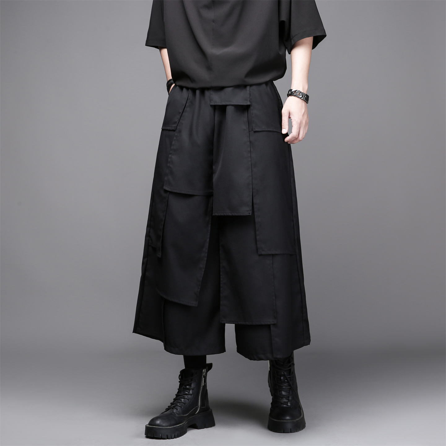 暗黑系不对称山本风宽松耀司裤裙多层拼接设计感九分裤男阔腿潮裤