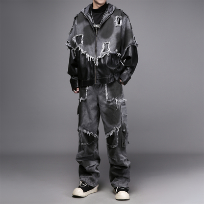 暗黑系废土风做旧水洗牛仔外套