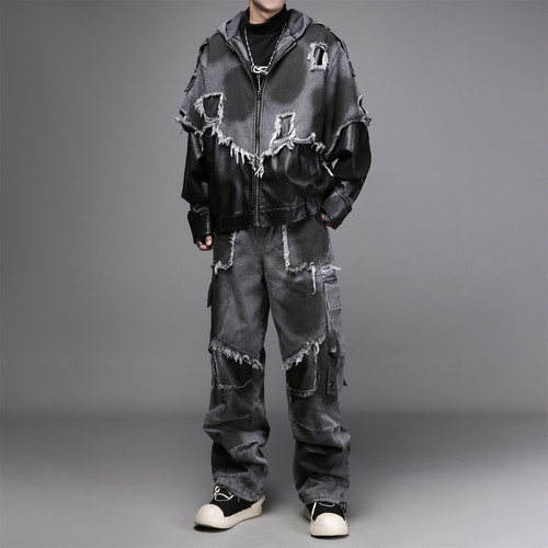 暗黑系废土风做旧水洗牛仔外套