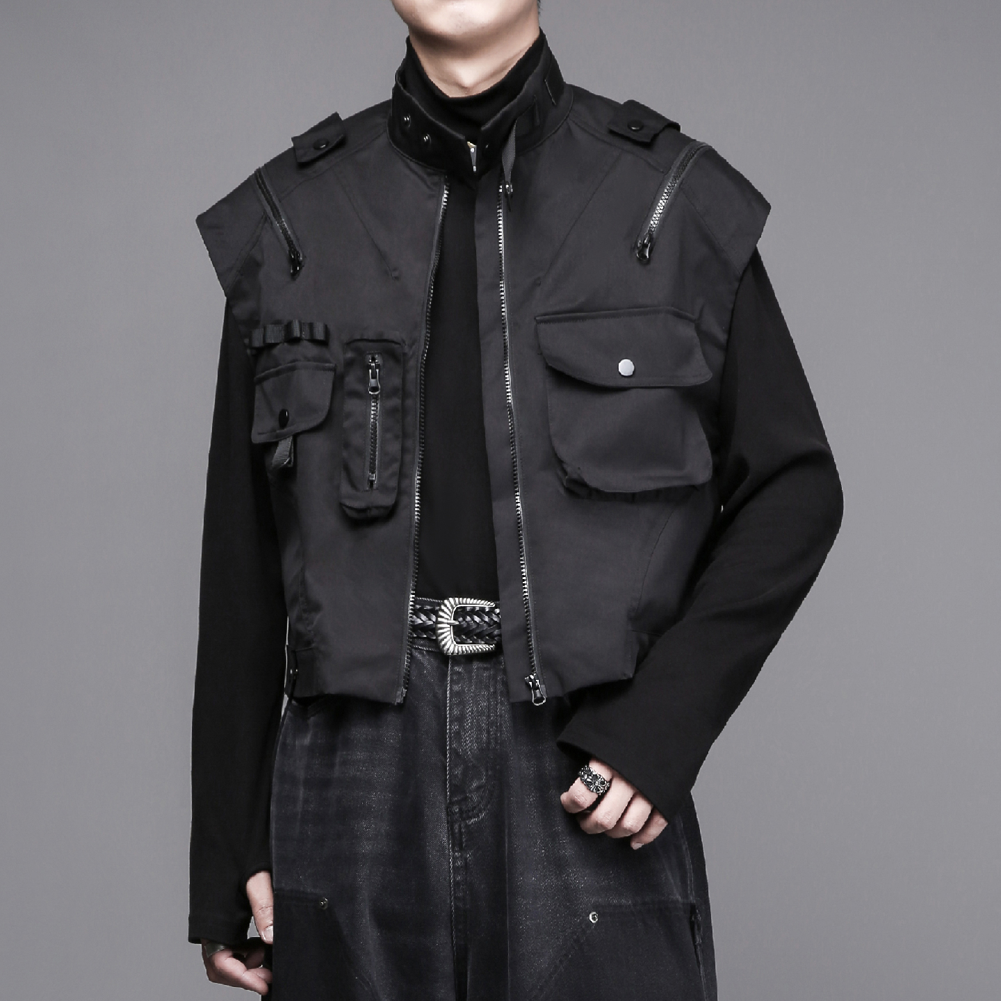 暗黑潮牌不对称设计感工装马甲