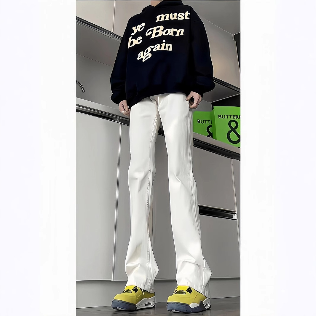 cleanfit白色牛仔裤男美式高街vibe直筒长裤弹力修身弯刀微喇裤子