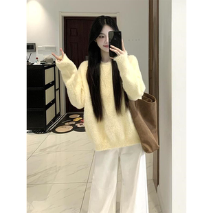 韩系奶fufu黄色圆领毛衣女秋冬宽松慵懒风软糯套头长袖针织衫上衣