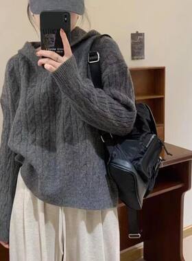 软糯复古麻花连帽毛衣女秋冬装宽松2025新款慵懒风加厚小个子上衣