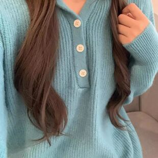 韩系坑条宽松半开领套头毛衣女糖果色秋季慵懒风百搭连帽套头毛衣
