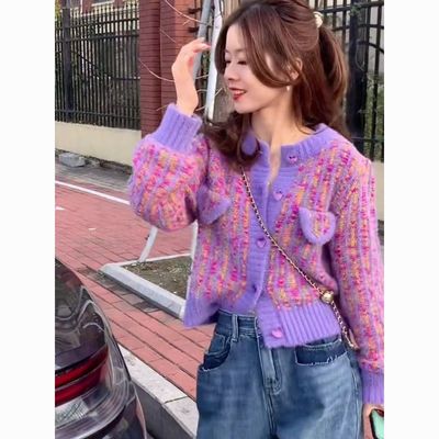 紫色毛衣女秋冬爆款法式小香风短款复古圆领外套长袖加厚针织开衫