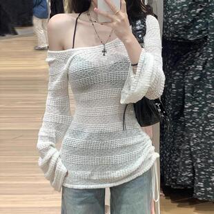 白色薄款镂空外搭防晒罩衫女春夏2025新款叠穿喇叭袖露肩针织上衣