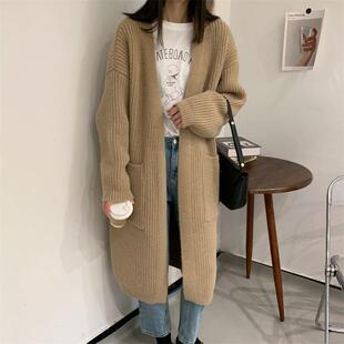 加厚粗毛线中长款针织开衫女2026年韩版慵懒风大口袋宽松百搭外套