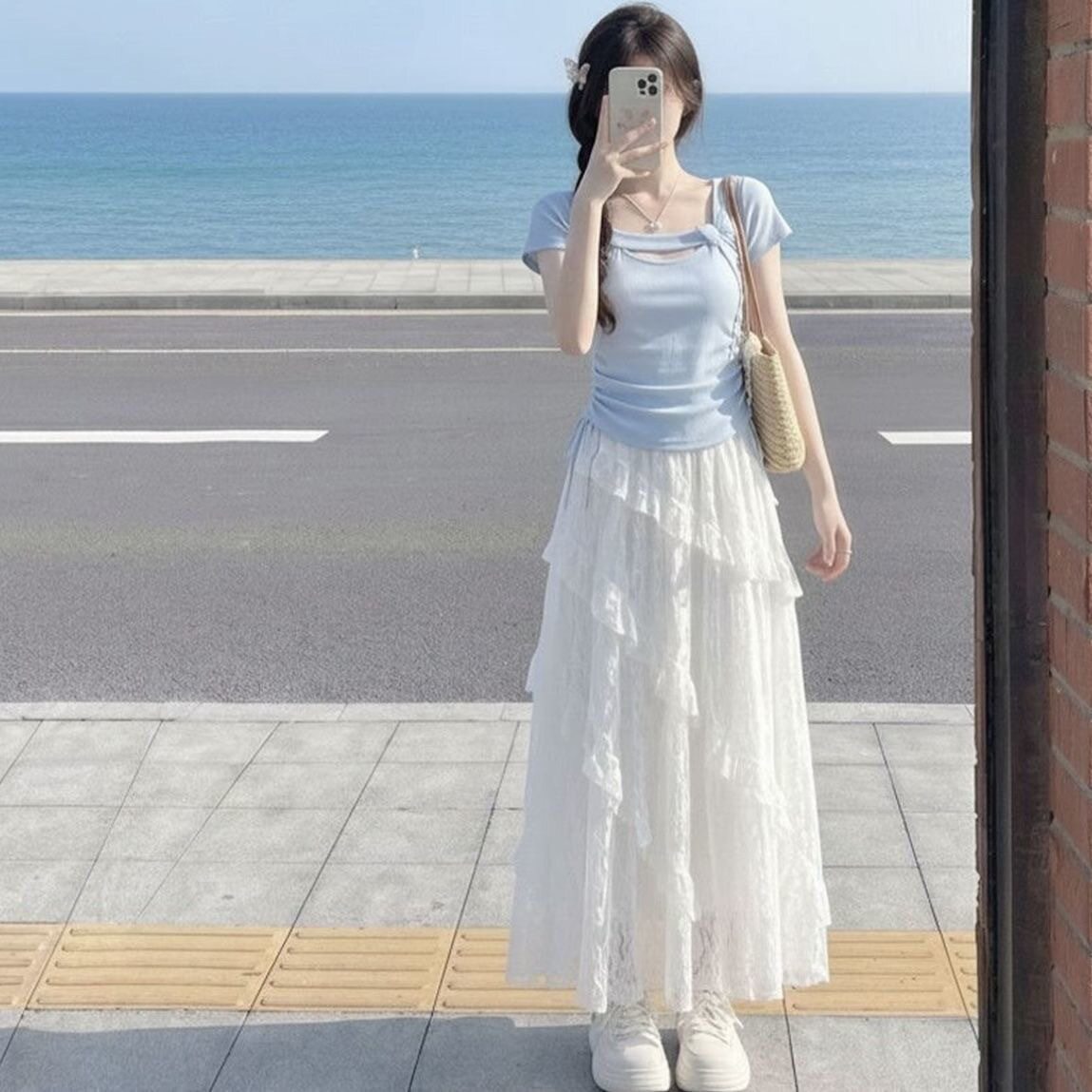 夏日氛围感穿搭甜美上衣海边度假风蕾丝拼接长裙子新款巨好看套装