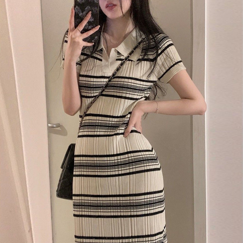 条纹POLO领连衣裙子女装夏天连衣裙