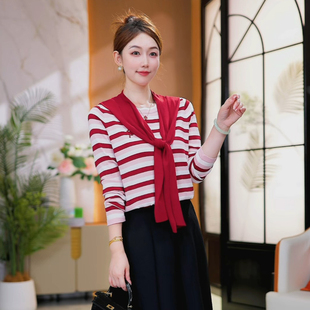 漫步巴黎~红色条纹字母刺绣针织衫休闲连帽宽松上衣毛衣2026春新