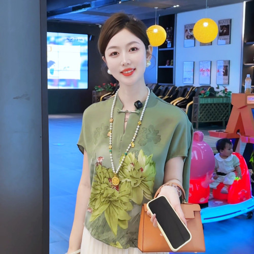 现货 青荷凝芳~新中式国风女装立领盘扣衬衫上衣夏款短袖宽松T恤