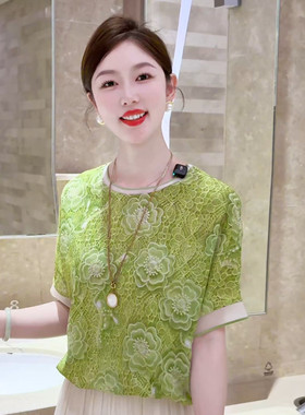 现货 青柠山茶~时尚气质圆领百搭夏款短袖显瘦宽松T恤印花上衣