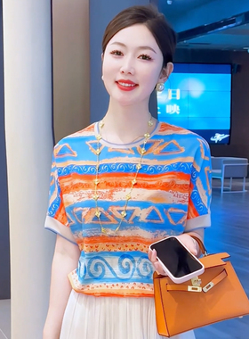 现货 蓝黛云锦~夏日绝美上衣蓝色印花宽松T恤短袖大码洋气小衫女