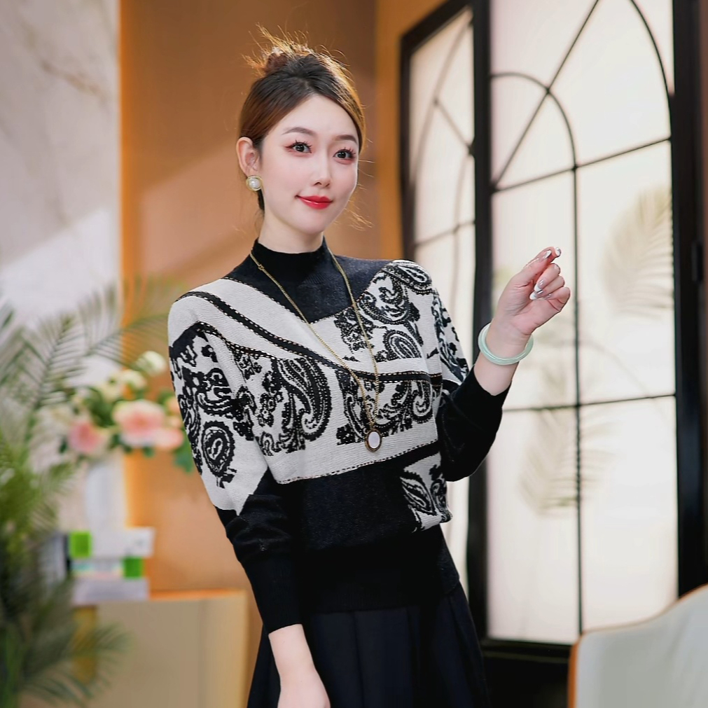 现货 墨白织锦~抗起球外穿针织衫保暖套头提花烫钻宽松百搭毛衣冬