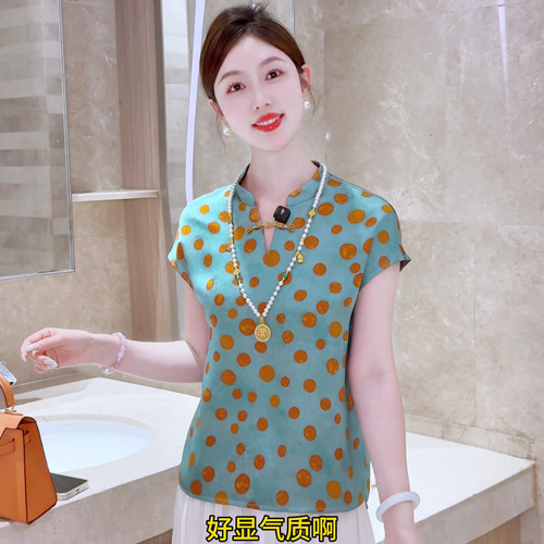 现货 青棠落橘~新中式国风女装立领盘扣衬衫上衣夏款短袖宽松T恤