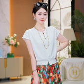 现货 显瘦宽松白T恤洋气上衣 短袖 晚香玉梦 气质圆领百搭2025夏款