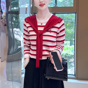 现货 漫步巴黎~红色条纹字母刺绣针织衫休闲连帽宽松上衣毛衣春款