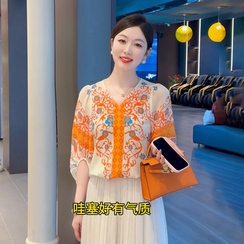 阳光碎片~灯笼袖印花衬衫宽松绝美上衣妈妈装百搭显瘦T恤春新款