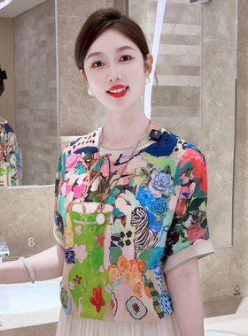 现货 彩镜花痕~时尚气质圆领百搭夏款短袖显瘦宽松T恤上衣印花