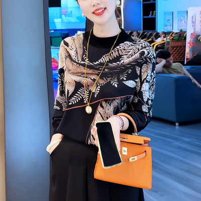 现货 雾凇云烟~高级感印花双绉丝长袖宽松T恤减龄洋气打底衫上衣