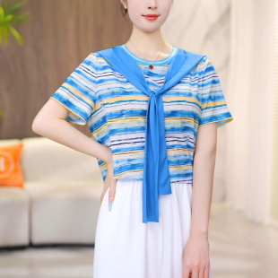 气质休闲百搭蓝色条纹上衣洋气T恤衫 时尚 送披肩 海边假日风 现货