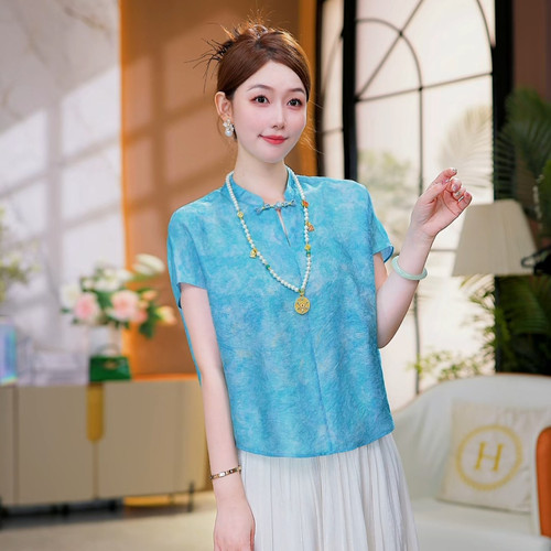 现货 湖光月色~新中式盘扣百搭蓝色上衣短袖显瘦宽松T恤人丝衬衫