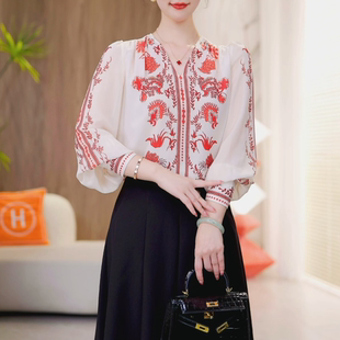 现货【梅小姐】嫣然风华~气质V领百搭长袖宽松T恤减龄上衣2025春