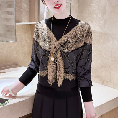 墨羽沉金~高级感抗起球保暖烫钻灰色针织衫套头宽松外穿毛衣秋冬