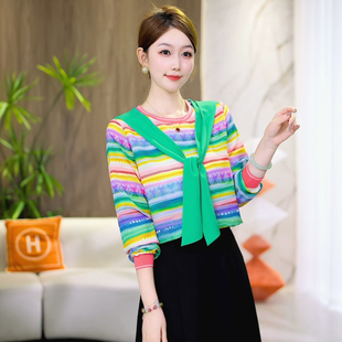 现货 湖畔彩虹~百搭时尚气质减龄长袖上衣条纹宽松T恤衫秋 送披肩