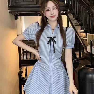 学院风条纹蓝色连衣裙女夏季小个子收腰显瘦短裙polo领衬衫裙套装