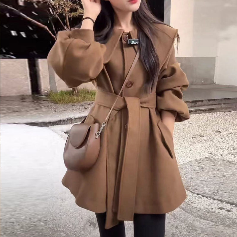 毛呢外套女新款娃娃领收腰显瘦大衣女小个子中长款加棉加厚呢外套