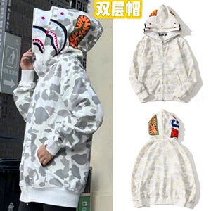 日系潮牌鲨鱼双帽卫衣迷彩夜光斑点连帽嘻哈休闲学生宽松男女外套