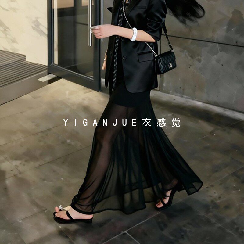 设计感飘逸法式复古高腰网纱半身裙女夏显瘦气质包臀鱼尾长裙透视