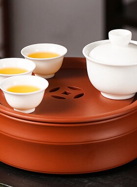 功夫茶茶船潮州朱泥茶盘家用壶承圆形储水传统干泡茶海