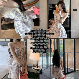 女人味收腰度假碎花V领抽绳绑带连衣裙 原创法式 杜总家 紫藤缠心