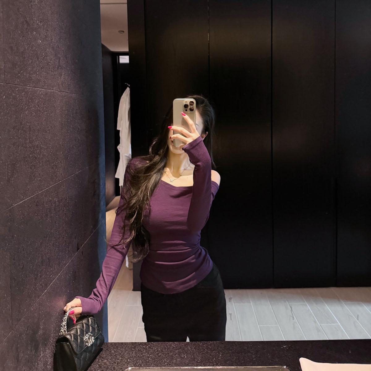 杜总家 大美人的软欲日常线*辣妹斜肩早秋打底纯欲紧身性感上衣