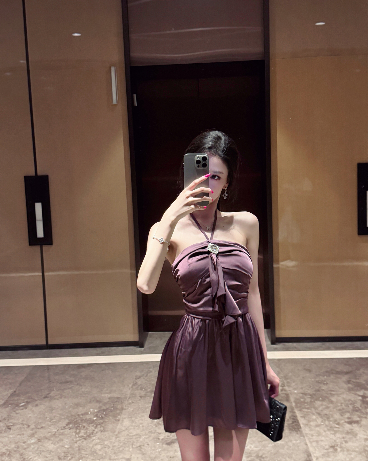 杜总家 古早女神*原创优雅气质御姐高贵紫宴会露肩挂脖a字连衣裙