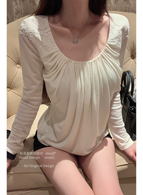 杜总家 香颈奶欲*原创纯欲褶皱简约舒适长袖t恤早春秋别致上衣女