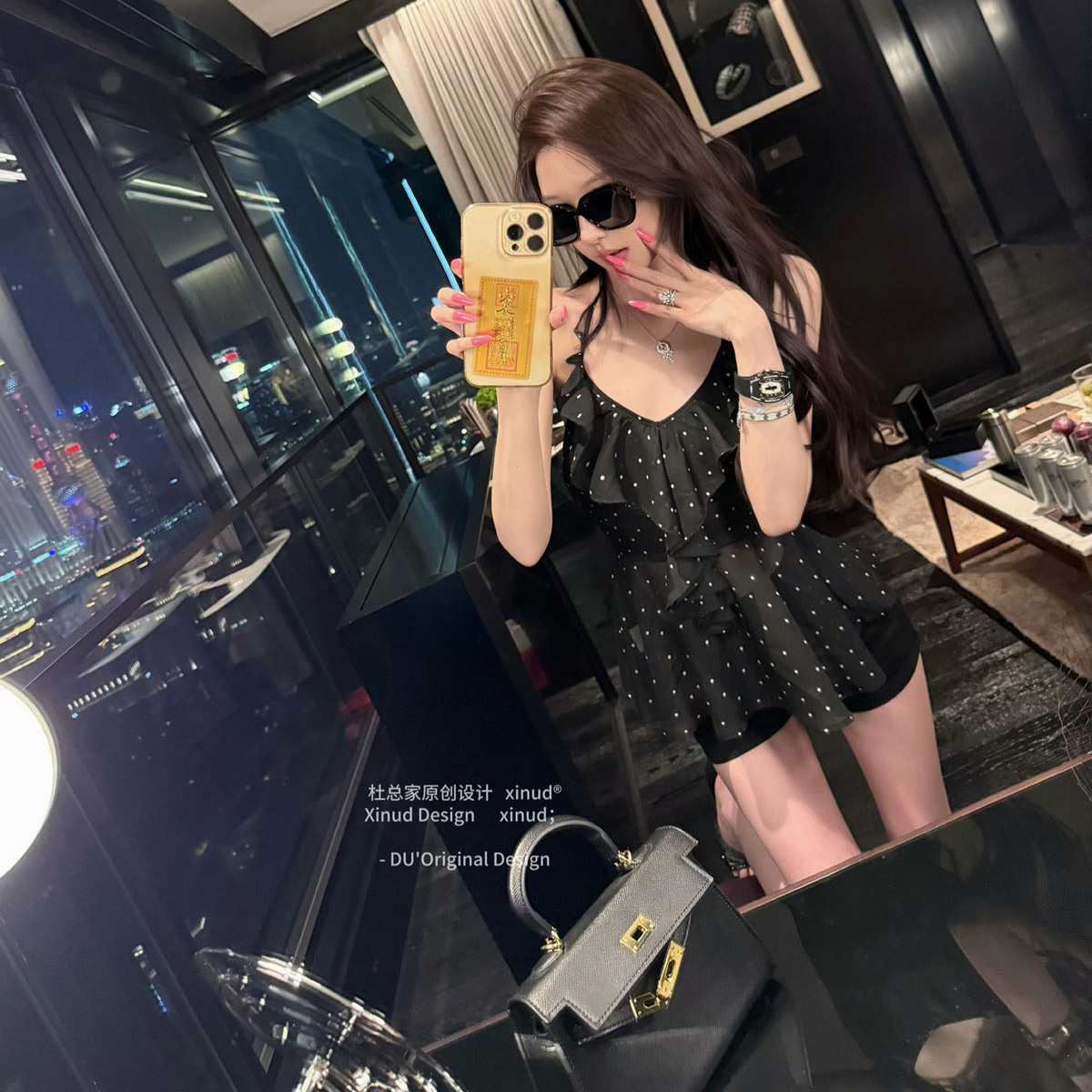 杜总家 魅力专线*原创黑色波点气质纯欲V领挂脖绑带收腰显瘦上衣