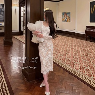 原创精致纯欲美女感温柔蕾丝晚宴生日连衣裙套装 杜总家 白玫瑰