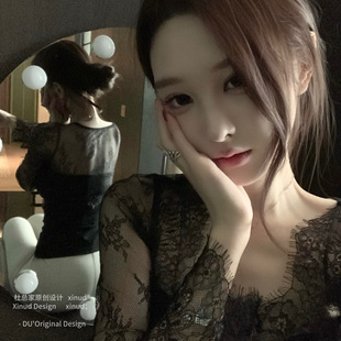 女抽褶设计感上衣 原创辣妹蕾丝透视显瘦打底衫 杜总家 微醺小巴黎